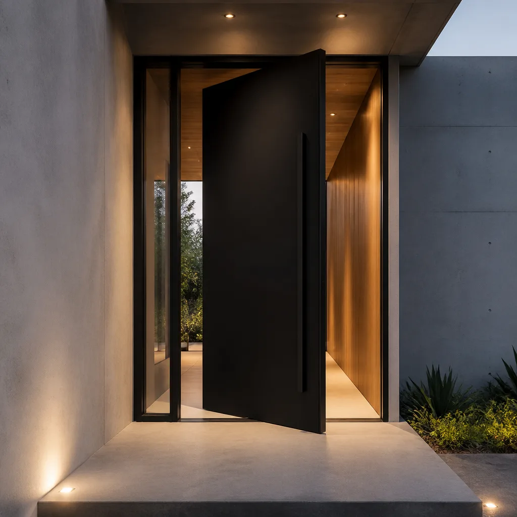 Modern black pivot front door installation on a contemporary concrete home