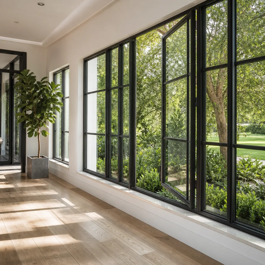 Modern interior hallway featuring custom black-framed window and door installation