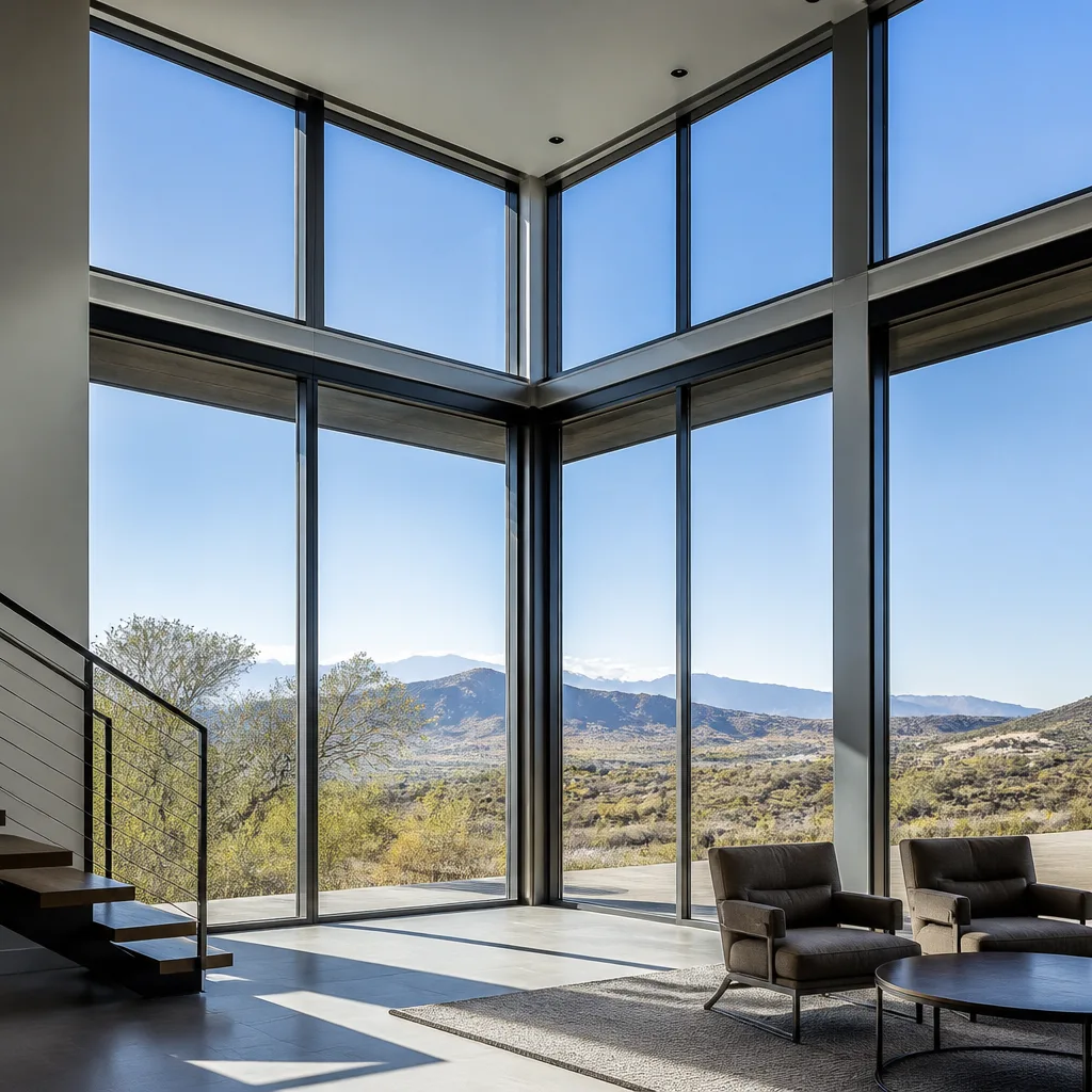 Modern floor to ceiling window installation with mountain landscape view
